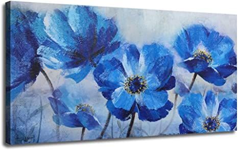 Ardemy Canvas Wall Art Blue Flowers Bloosm Painting Prints Modern One Panel Poppy Florals 40"x20" Large Size, Still Life Picture Framed Ready to Hang for Living Room Bedroom Home Office Kitchen Decor Blue Flower Pictures, Home Office Wall Decor, Blue Flower Painting, Butterfly Art Painting, Flower Canvas Wall Art, Home Office Wall, Blue Artwork, Texture Painting On Canvas, Poppy Art