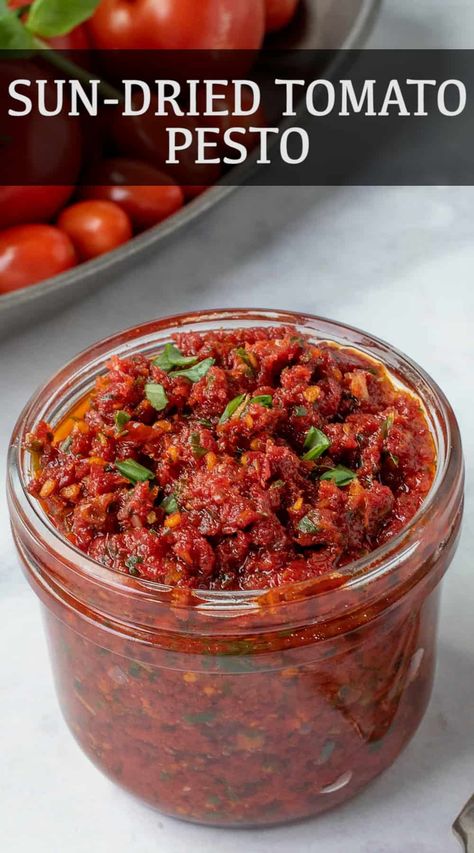 Sun-Dried Tomato and Basil Pesto is a wonderfully diverse recipe component. A delicious and easy sauce that you can add to hot pasta, use as a dip or spread on sandwiches. #sundriedtomatoes #pesto Sundried Pesto, Olive Recipes Appetizers, Sun Dried Tomato Pesto, Tapenade Recipe, Best Vegetable Recipes, Mediterranean Recipes Healthy, Sundried Tomato Pesto, Olive Recipes, Sundried Tomato