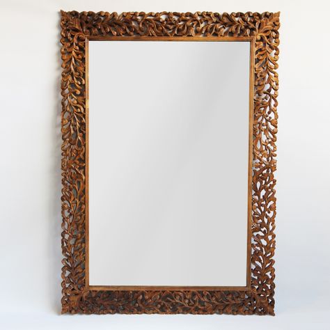 Hand carved Teak wood mirror frame with organic leaf design.  Can be displayed vertical or horizontal. Diy Wood Mirror Frame, Unique Mirror Frame, Distressed Wood Mirror, Wood Mirror Frame, Round Wooden Mirror, Painted Photo Frames, Carved Mirror, Moroccan Mirror, Hand Carved Teak