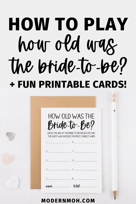 How Old Was the Bride Game: How to Play + Printable Cards Bridal Shower Games Free Printables, Thoughtful Bridal Shower Gifts, Bridal Shower Games Prizes, Bride Game, Game Card Design, Bridal Shower Gifts For Bride, Fun Bridal Shower Games, Bride Pictures, Bridal Shower Inspiration