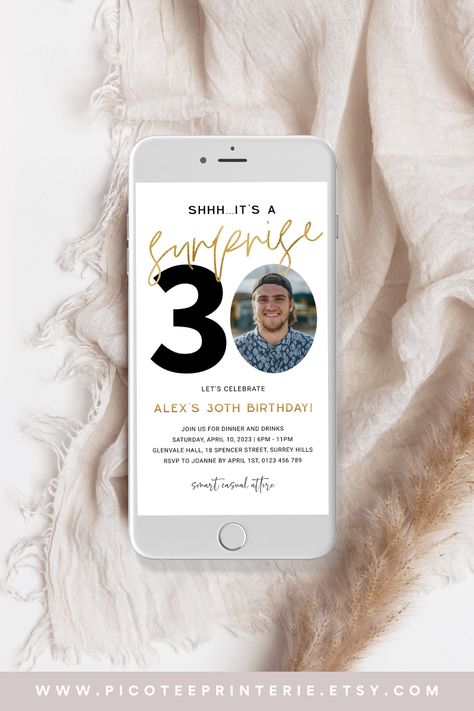 Shhh It's a Surprise! Looking for ideas to throw a surprise party for a milestone 30th birthday? Keep the secret safe with our customizable digital evite invitation. Featuring a sleek black and gold design and a photo of the birthday boy. Easily edit the template, download and send to your guests digitally. Whether you're planning a large gathering or an intimate affair, this surprise men's 30th Birthday Invitation evite will help you create a memorable celebration! Men's Birthday, Surprise Birthday Invitations, Surprise Birthday Party, 30th Party, 30th Birthday Invitations, Adult Birthday Invitations, Birthday Surprise Party, Surprise Party, Photo Invitations