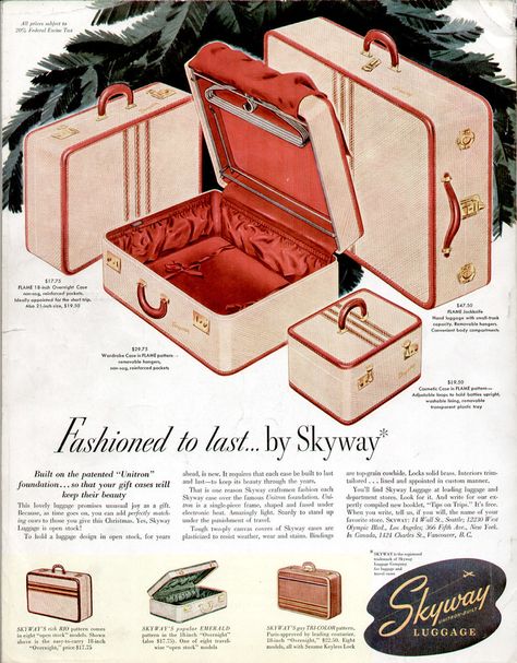 https://flic.kr/p/8vRopH | Skyway Luggage Ad Back Cover of Holiday Mag Dec 1947 Vintage Suitcases, Old Advertisements, Retro Advertising, Vintage Suitcase, Retro Ads, Vintage Luggage, Vintage Purses, Moda Vintage, Vintage Love