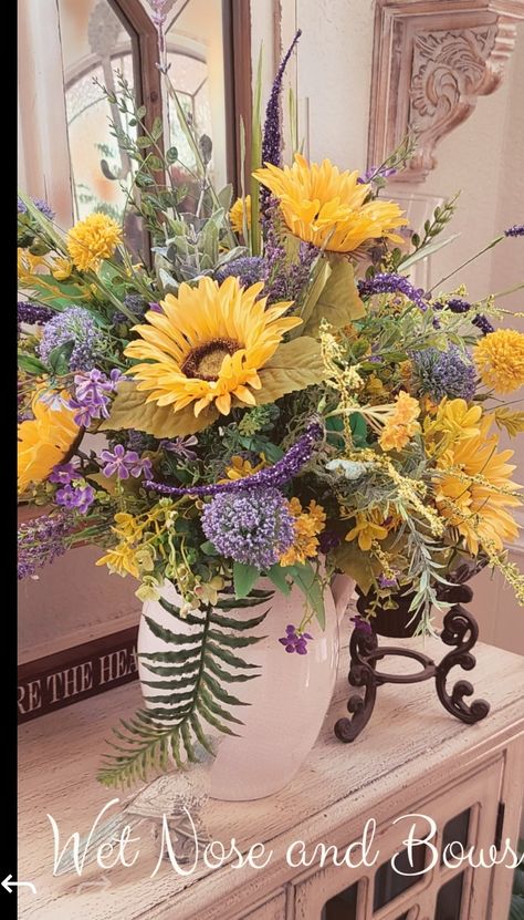 Sunflower Lavender Centerpieces, Yellow And Purple Centerpieces, Lavender And Yellow Flower Arrangements, Tall Vase Flower Arrangements, Yellow And Purple Flower Arrangements, Graveside Flowers, Country Flower Arrangements, Beach Centerpiece, Yellow Centerpiece