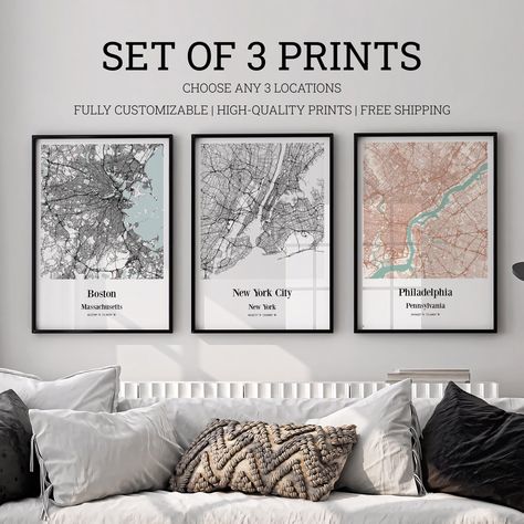 Set of 3 Custom City Map Prints of Your Favourite Places 🧭 This set of 3 beautifully designed maps is a perfect addition to your home. Whether it's your hometown, the city you studied in, or a place you've visited and fallen in love with, our map prints are the perfect way to relive your cherished memories and showcase your love for your favorite places. All maps are fully customizable, allowing you to choose the color and font, that best suits your preferences. Bring your favorite cities to li Map Gallery Wall, Niche Decor, Art Deco Ideas, Map Posters, City Map Wall Art, Wall Art Personalized, Post Grad, Prints Set Of 3, When You Are Happy