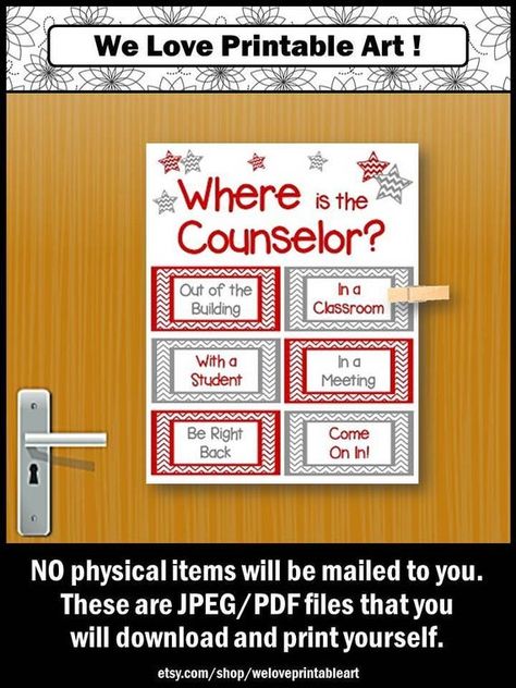 School Counselor Door Sign: This printable sign (you print it yourself) would be great for any school counseling office decor.   #counselorschool #counselorquotes #counselorappreciationweekideas #counselorbulletinboards #counselorweekgiftideas #counselorsign #counselorofficedecoration #counselorofficedecoratingideas #printableartwall School Counselor Door Sign, Counselor Door, School Counselor Door, Counselor Door Sign, Counselor Appreciation Week, School Counseling Office Decor, School Counselor Decor, Counselor Appreciation, Counseling Office Decor