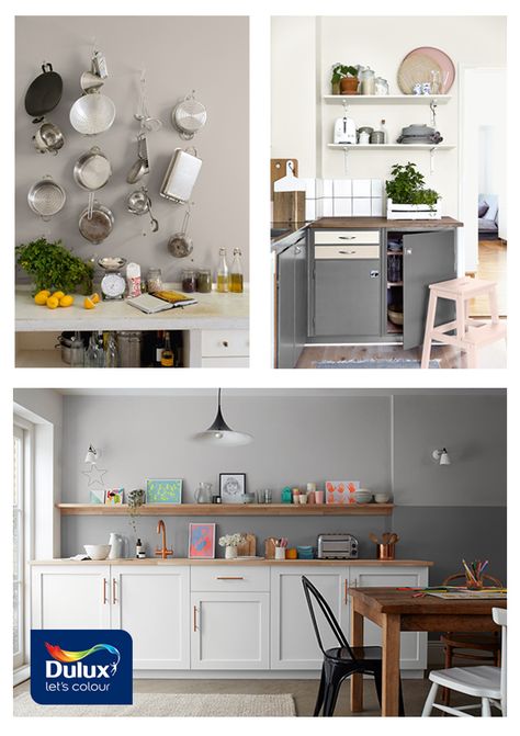 See our kitchen colour scheme inspiration using shades of grey. Dulux Grey Paint, Dulux Grey, Perfect Grey Paint, Grey Paint, Kitchen Colour Schemes, Cook Up A Storm, Kitchen Color, Painting Kitchen Cabinets, Wall Color