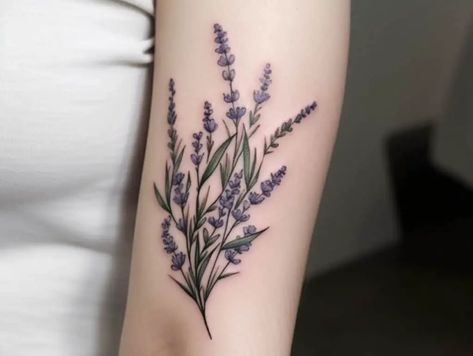 Lavender Arm Tattoos For Women, Big Lavender Tattoo, Large Lavender Tattoo, Lavender Sleeve Tattoo, Multi Flower Tattoo, Herb Tattoo Botanical Drawings, Lavender Plant Tattoo, Lavender Sprigs Tattoo, Lavender Tattoo Black