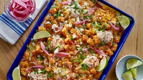 Mexican Street Corn Loaded Tots, Loaded Tots, Football Finger Foods, Football Party Food, Mexican Street Corn, Street Corn, Tater Tots, Mexican Street, Pickled Red Onions