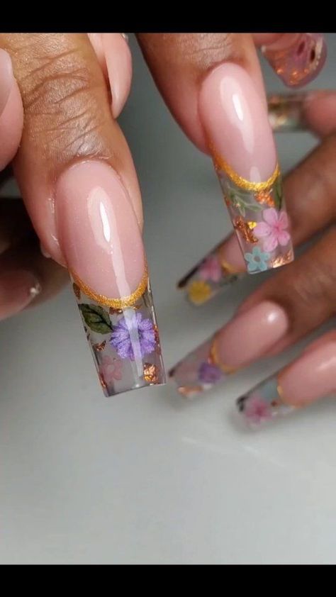 Clear Acrylic Nails Flowers, Acrylic Clear Nails With Design, Clear Acrylic Designs, May Flower Nail Designs, Fall Encapsulated Nail Designs, Encapsulated Flower Nails Acrylics, Milkbath Nails With Flowers, Cottage Core Nails Acrylic, Cottagecore Nail Art