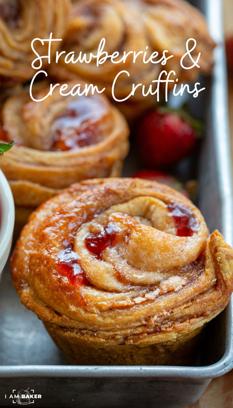 Strawberries and Cream Cruffins are flaky, buttery crescent roll dough layered and rolled with whipped cream cheese and strawberry preserves, baked in a muffin tin until golden. They are a quick and easy treat or breakfast pastry with a burst of fruity flavor! Cruffin Recipe With Crescent Rolls, Crescent Roll Recipes Dessert Strawberry, Croissant Cream Cheese Dessert, Strawberry And Cream Cruffins, Strawberry Pastry Recipes, Strawberry Cream Cheese Recipes, Cruffins With Crescent Rolls, Cruffins With Puff Pastry, Cruffins Recipe Easy