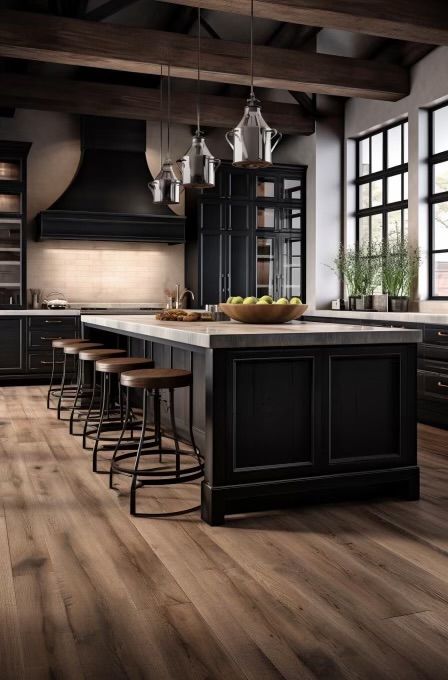 Farmhouse Black Kitchen, Huge Kitchen Luxury, Black Kitchen Design Ideas, Black Kitchen Design, Beautiful Backsplash, Kitchen Luxury, Lake House Kitchen, Black Farmhouse, Huge Kitchen