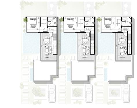 3 Houses In One Compound Plan, 4 Houses In One Compound, Column Lights, Co Housing, Small Villa, Chalet Design, Modern Small House Design, Courtyard House Plans, Modern Villa Design