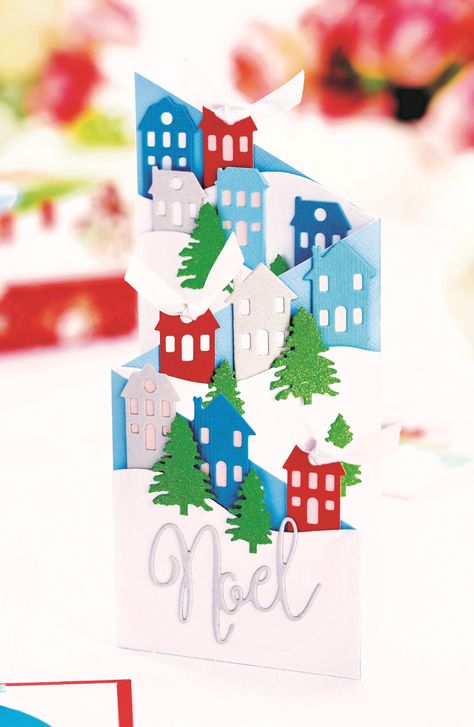 Christmas Village Card, Happy Christmas Card, Painted Christmas Cards, Paper Crafting Projects, Stamped Christmas Cards, Tri Fold Cards, Gatefold Cards, Christmas Card Crafts, Christmas Tree Cards