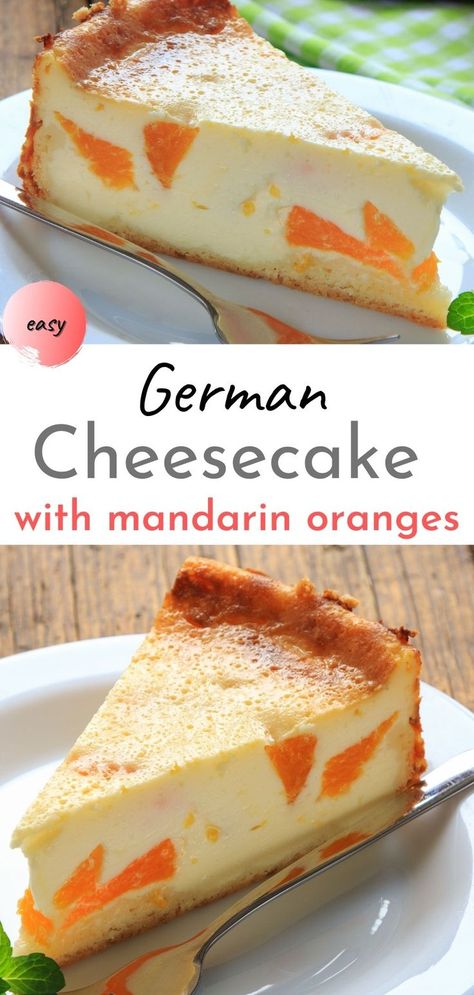 A traditional German Cheesecake with Mandarin Oranges, Quark, Vanilla Pudding, and Sour Cream! An easy, old-fashioned authentic German Cheesecake recipe that is popular all year round! German Mandarin Cheesecake, German Pudding, Mandarin Orange Cheesecake, Mandarin Orange Recipes, German Cheesecake Recipe, Mandarin Cheesecake, Mandarin Recipes, Recipes With Mandarin Oranges, Orange Cheesecake Recipes