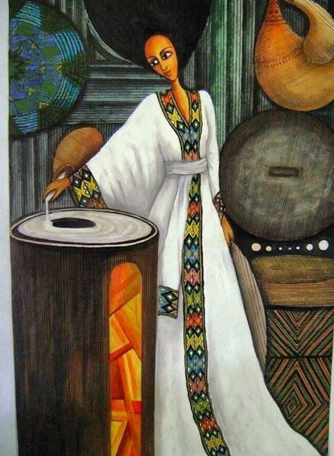 Ethiopia: A painting of a beautiful Ethiopian woman making injera. Ethiopian Drawing, Ethiopia Art, Ethiopian Art, History Of Ethiopia, Ethiopian Culture, Beautiful Ethiopian, Ethiopian Women, African Paintings, Afrique Art