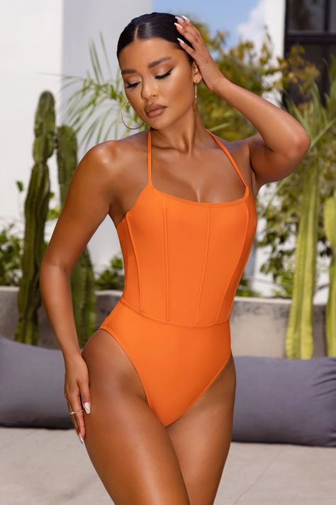 Orange Corset, Going Out Fashion, Club L London, Halter Swimsuit, Orange Swimsuit, Strapless Bandeau, Glamorous Dresses, Burnt Orange Color, Sequin Maxi