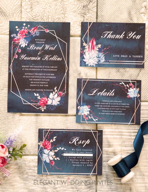 moody midnight blue an geometrci floral wedding invitation cards Jewel Tone Wedding Invitations, Moody Jewel Tone, Jewel Tone Blue, Rose Gold Foil Invitations, Unique Wedding Colors, Navy Watercolor, Wedding Color Combinations, Wedding Color Combos, Boho Invitations