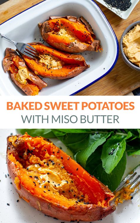 Whole Baked Sweet Potatoes With Miso Butter & Sesame Seeds. This dish can be made with Japanese sweet potatoes or regular orange yams (also known as kumara). #sweetpotatoes #sweetpotatorecipes #misobutter #japanesesweetpotatoes #glutenfreerecipes #glutenfree #vegetarian #plantbased via @irena_macri Whole Baked Sweet Potato, Matcha Truffles, Sweet Potato Nutrition, Japanese Sweet Potatoes, Paleo Ideas, Sweet Potato Chips Baked, Fit For Life, Baked Sweet Potatoes, Miso Butter