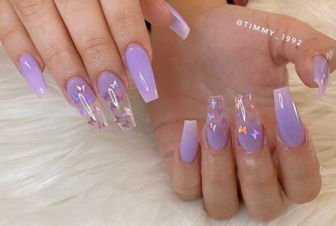 Butterfly Nails Lavender, Purple And White Butterfly Nails, Purple With Butterflies Nails, Birthday Nails Medium Length Purple, 21st Birthday Nails Purple, Butterfly Encapsulated Nails, Clear Purple Acrylic Nails, Light Purple Nails With Butterflies, Purple Clear Nails