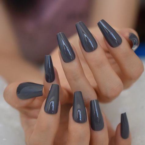 Thank you for supporting our small business! Our press-on nails are high quality and the perfect alternative to the salon. Please see below for the item description. About Product: Shape: Long Coffin Amount: 24 Nails Color: Deep Gray The purchase will include: *Nail Set *Nail Adhesive Kit (1 kit per 2 nail sets) -Alcohol Pads (x2) -Nail buffer -Wooden Cuticle Pusher -Adhesive Tabs (1 sheet) -Nail Glue *Instruction Card Nail Gradient, Ballerina Coffin, Edgy Emo, Fake Nails Long, Bears Nails, Long Press On Nails, Coffin Press On Nails, Gradient Nails, Nail Art Rhinestones