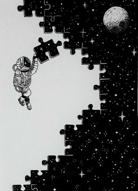 Cool Astronaut Art, Black And White Space Drawing, Drawing Of Galaxy, Puzzle Art Drawing, Astronomy Art Drawing, Astronaut Art Drawing, Space Drawings Galaxies, Cute Astronaut Drawing, Galaxy Art Drawing