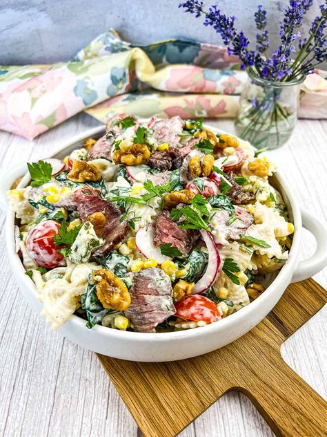 Pasta Salad With Steak, Steak Pasta Salad Recipes, Beef Pasta Salad, What To Serve With Steak, Blue Cheese Pasta Salad, Steak Pasta Salad, Steak And Pasta, October Meals, Steak Pasta