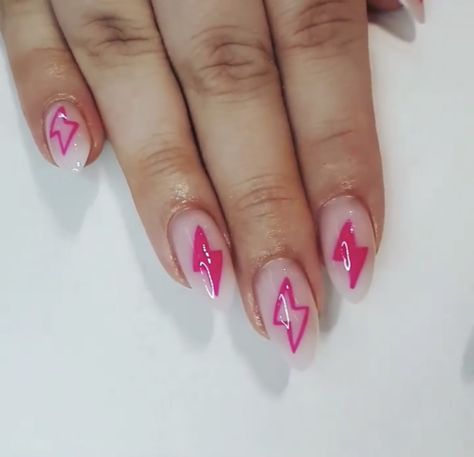 Lighting Bolt Design Nails, Trendy Edgy Nails, Neon Lightning Bolt Nails, Nails With Lighting Bolt, Lightnight Bolt Nails, Lightning Bolt Nail Art, Lightening Bolt Nail Design, Nails Lightning Bolt, Bolt Nails