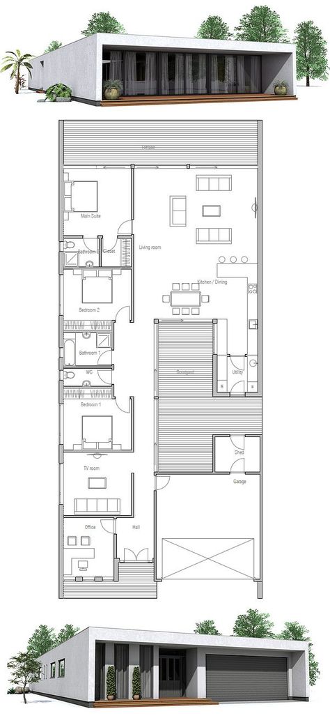 Contemporary House Design to narrow lot. Three Bedroom House Plan, Building A Container Home, Container House Plans, Contemporary House Plans, Modern House Plan, Contemporary House Design, Bedroom House Plans, Modern House Plans, Small House Plans