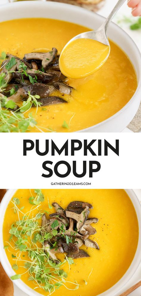 This delicious pumpkin soup with sautéed mushrooms is a plant-based wonder. It’s smooth, creamy, and incredibly moreish. You’ll get the comforting flavors of fall from the pumpkin and a kick of spice from the garlic and black pepper. Foolproof for beginners and ready in a flash, it’s a vibrant winter warmer that won’t disappoint. Pumpkin Mushroom Soup, Creamy Pumpkin Soup Recipe, Pumpkin Soup Recipe Easy, Comforting Recipes, Mushroom Pumpkin, Pumpkin Soup Easy, Pumpkin Mushroom, Creamy Pumpkin Soup, Vegetarian Recipes Dinner Healthy