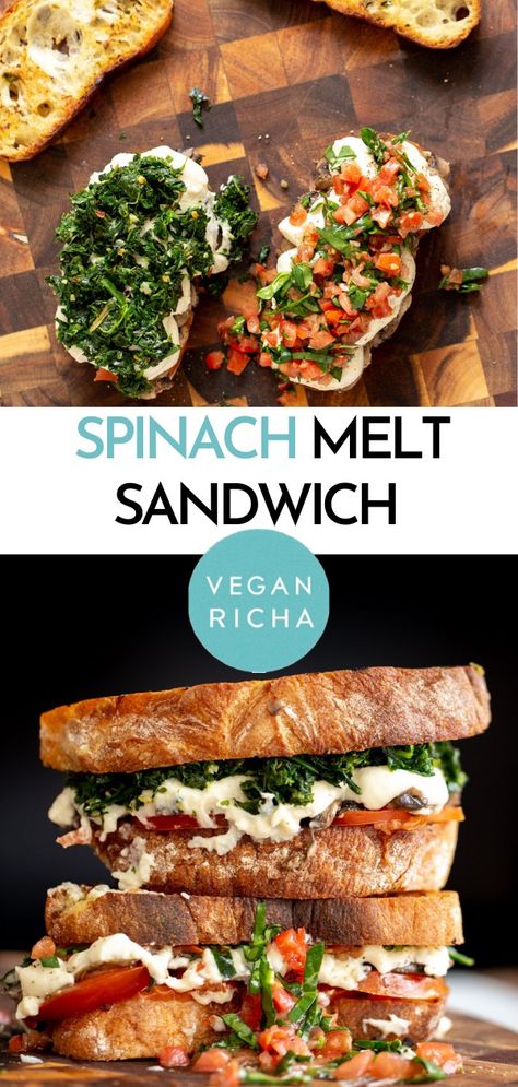 Move over grilled cheese, my Vegan Spinach Cheese Melts are here to curb even the most serious cravings for a cheesy, melty and comforting lunch sandwich! The addition of tomatoes and sauteed mushrooms take these to the next level. Melted Cheese Sandwich, Spinach Sandwich, Recipe With Spinach, Vegan Spinach, Spinach Cheese, Vegan Grilling, Tomato Relish, Vegan Sandwich, Spinach Recipes