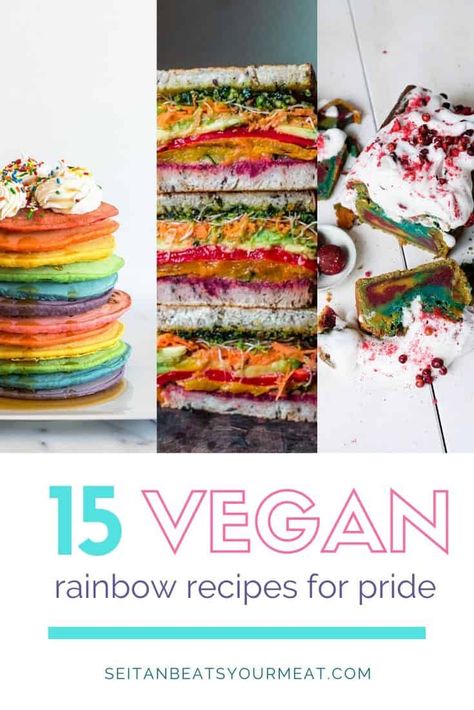 Celebrate Pride with these vegan rainbow food recipes! Eat the rainbow from rainbow cake to colorful salads. #rainbowrecipes #rainbowfood #pridepartyfood #seitanbeatsyourmeat Colorful Vegan Recipes, Pride Food Ideas, Rainbow Food Recipes, Pride Food, Vegan Recipes Easy Quick, Rainbow Recipes, Vanilla Sheet Cakes, Italian Rainbow Cookies, Rainbow Desserts