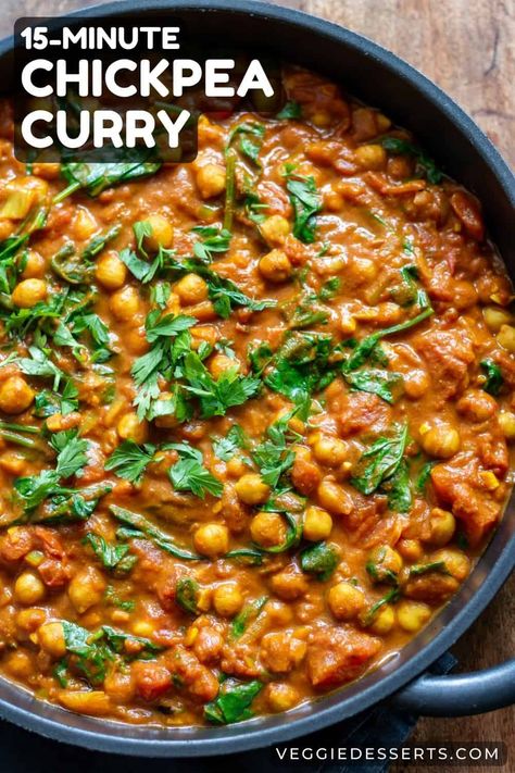 This easy vegan Chickpea Curry is packed with flavor and perfect for a quick, healthy weeknight dinner. Ready in just 15 minutes. Coconut Recipes Easy, Vegetarian Chickpea Curry, Chickpea Recipes Easy, Easy Chickpea Curry, Vegan Chickpea Curry, Healthy Vegan Dinner Recipes, Chickpea Curry Recipe, Vegan Curry Recipes, Vegan Chickpea