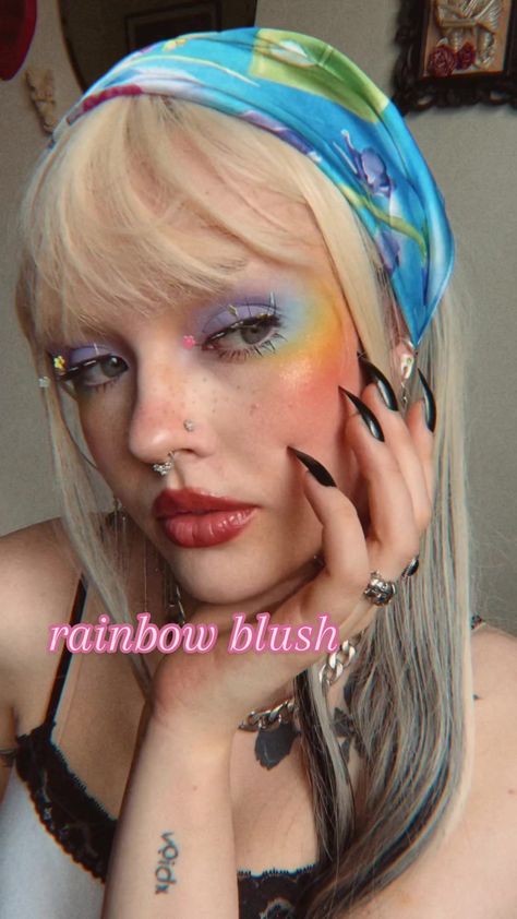 Fun Makeup Inspiration, Pride Blush Makeup, Soft Rainbow Makeup, Pretty Blush Makeup, Pride Fest Makeup, Rainbow Highlighter Makeup, Barbie Movie Makeup Ideas, Dnd Makeup Looks, Pink Pride Makeup