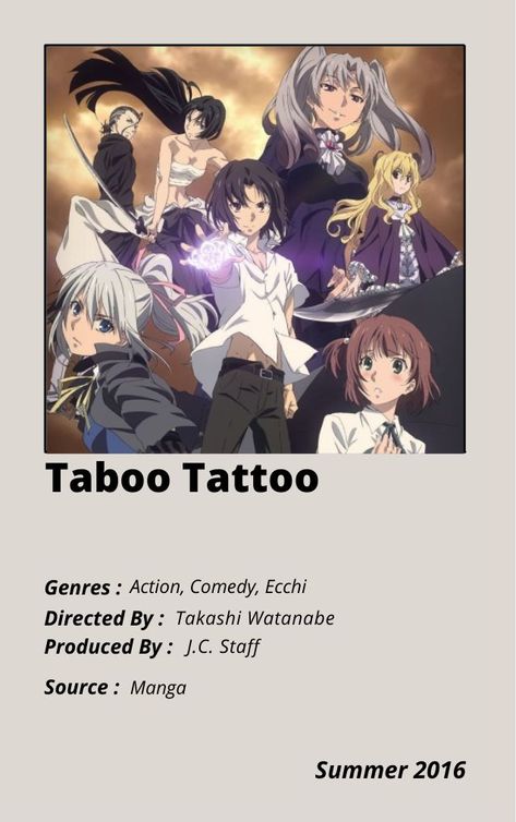 Taboo Tattoo Anime, Tanaka Haikyuu, Taboo Tattoo, Anime Suggestions, Anime List, Good Anime Series, Animes To Watch, Anime Drawing Books, Poster Anime