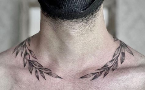 Greek Leaf Tattoo Neck, Neck Wreath Tattoo, Laurel Wreath Tattoo Men Chest, Laurel Wreath Neck Tattoo, Laurel Neck Tattoo, Greek Leaves Tattoo Neck, Olive Branch Neck Tattoo, Wreath Tattoo Neck, Wreath Neck Tattoo