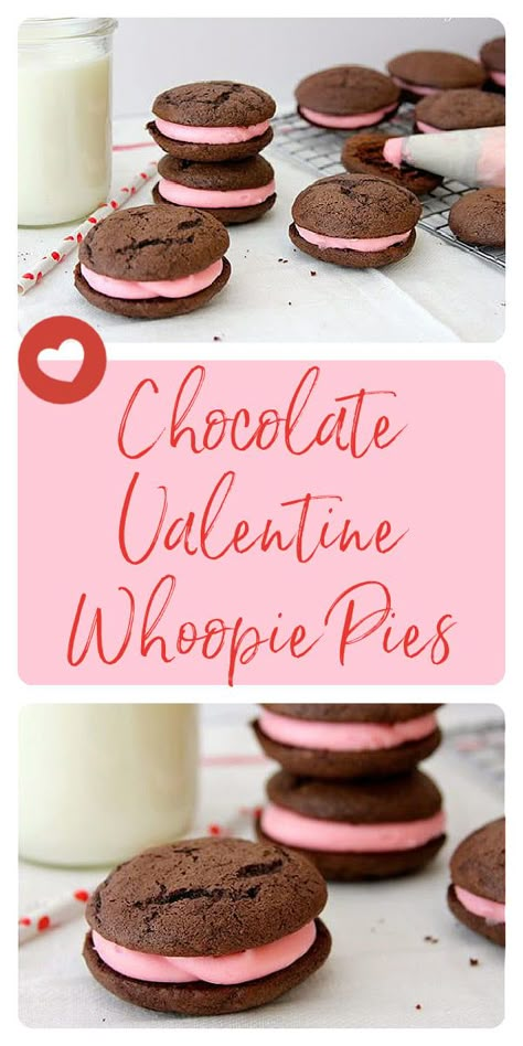 Chocolate Valentine Whoopie Pies are moist and chocolatey. They have a delicious pink cream cheese filing which is perfect for Valentine's Day! For this Valentine's Day recipe you need, a dark chocolate cake mix, canola oil, eggs, butter, powder sugar, food coloring, and cream cheese! || cookingwithruthie.com #valentinesdaydessert #valentinewhoopiepies #whoopiepiesrecipe #chocolate #valentinesday #valentinesdayrecipe #whoopiepies #chocolatewhoopiepies #creamcheesefilling Whoopie Pies Recipe, Chocolate Valentines, Chocolate Valentine, Valentines Recipes Desserts, Whoopie Pie Recipe, Chocolate Whoopie Pies, Valentines Baking, Whoopie Pie, Valentine Desserts