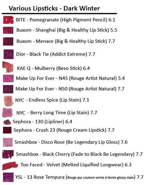 Deep Winter Lipstick Shades, Dark Winter Lipstick Colors, Deep Winter Lipstick Colors, Deep Winter Lipstick, Dark Winter Lipstick, Winter Color Palette Makeup, Dark Winter Makeup, Dark Winter Color Palette, Deep Winter Makeup