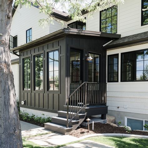 Clients exterior home lacked character. Interior lacked kitchen space. Our sunroom breakfast nook addition in Dungan Black was much needed. Swipe for before and after 👉🏻 📷 @travisj_photo @dedeschroeder 🔨 @tythebuilder1 #meaganraeinteriors #interiordesign #beforeandafter #addition #remodel #exteriordesign #exterior #windows #kitchen Mudroom Addition, Sunroom Decorating, Entry Design, Farmhouse Windows, Modern Farmhouse Exterior, Casa Exterior, Farmhouse Exterior, Dream House Exterior, Exterior House Colors