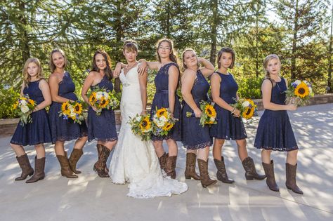 Navy Blue And Sunflower Wedding Country Bridesmaid Dresses, Navy Blue Red And Sunflower Wedding, Bridesmaid Dresses With Cowboy Boots, Denim Bridesmaid Dresses, Sweet 16 Dresses Blue, Western Bridesmaid Dresses, Blue Sunflower Wedding, Dark Blue Bridesmaid Dresses, One Shoulder Bridesmaid Dress