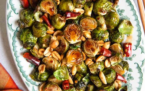 Kung Pao Brussels Sprouts | Healthy Nibbles by Lisa Lin Kung Pao Brussel Sprouts, Braised Artichokes, Healthy Nibbles, Healthy Vegetarian Recipes, Roasted Sprouts, Teriyaki Tofu, Dried Peppers, Homemade Dough, Brussels Sprouts Recipe