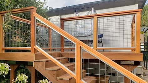 Deck Fencing, Pergola Hammock, Deck Railing Diy, Wire Deck Railing, Stair Railing Kits, Privacy Screen Deck, Pipe Railing, Cabin Renovation, Deck Railing Design