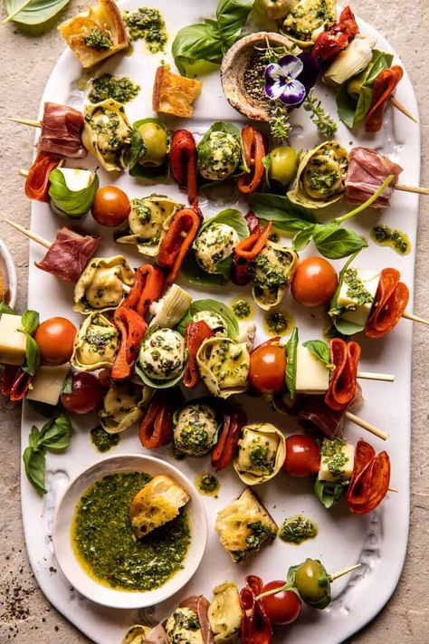 Easy Tortellini Recipes, Lemon Basil Vinaigrette, Antipasto Recipes, Tortellini Skewers, Summer Appetizers, Antipasto Pasta Salads, Antipasto Skewers, Half Baked Harvest Recipes, Basil Vinaigrette