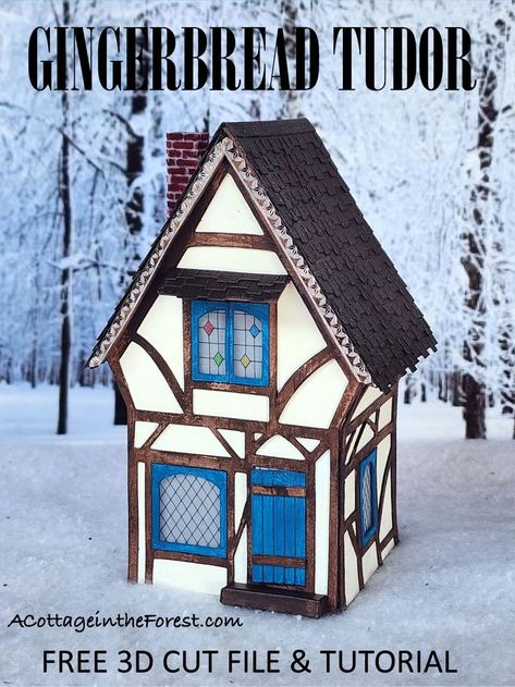 Tutorial and free SVG or PDF pattern for a Gingerbread Tudor. Make your own Putz-Style house to add to your Holiday Village! Miniature House Template, Paper House Template Printables Free, Puts Houses, Putz Village, Pottery Templates, Cottage In The Forest, Paper House Template, Bottlebrush Trees, Svg Patterns