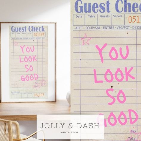 You look so good! https://jollyanddash.etsy.com/ca/listing/1681344565/you-look-so-good-guest-check-print-bar #jollyanddash #etsyart #etsy #etsyshop #etsyartist #etsyseller #art #etsysellersofinstagram #etsyfinds #illustration #painting #etsystore #artwork #etsylove #walldecor #artistsoninstagram #etsygifts #digitalart #digitalprints #wallart #homedecor #instaart #shopsmall #smallbusiness #artoftheday #contemporaryart #coquette #coastalgrandaughter #coastalcowgirl #barcartart Y2k Cocktail, Prints Preppy, Guest Check Print, Bar Cart Prints, Guest Check, Cocktail Poster, Bar Cart Art, Dopamine Decor, Preppy Stuff