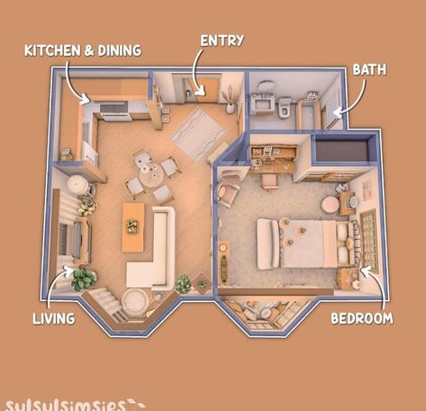 Simple Sims House Layout, Sims4 Small House Plans, Tiny Living Sims 4 Layout, Sims4 Tiny House Floor Plan, The Sims 4 Tiny House Floor Plans, Sims 4 House 1 Floor, Sims 4 Houses Layout With Grid, Sims 4 1 Bedroom House, Sims Apartment Ideas