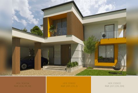 This creative House Exterior has 5 colors combination with Chocolate (Traditional), Vivid Amber, Raw Umber, Dark Gray (X11) and Pastel Gray. Exterior Building Color Palette, India Exterior House Colors, Colour Palette Exterior House, Outer Wall Painting Ideas, Exterior Paint Colors For House India, Banglow Colour Combination, Exterior Wall Painting Ideas Colour, Indian House Exterior Paint Colors, House Exterior Paint Ideas Indian