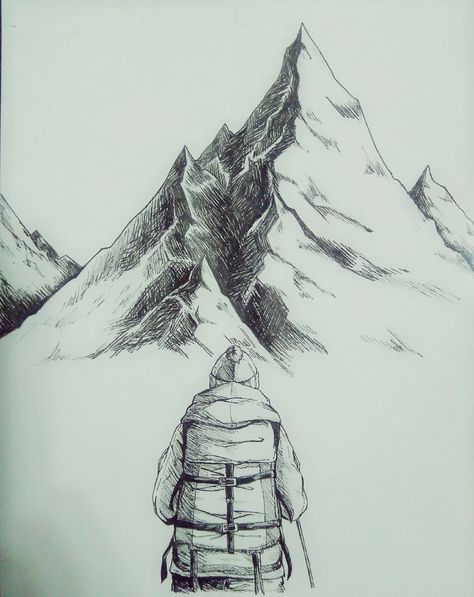 Hike Sketches, Hiking Drawing Simple, Trekking Sketch, Trek Draw, Mount Everest Drawing, Nomadic Drawing, Hike Drawing, Ridge Drawing, Mountain Drawing Sketches