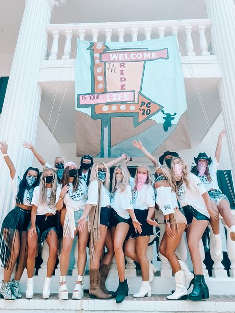 adpi, sorority bid day, georgia southern university sorority bid day, fall bid day, recruitment week, spirit week, ride of your life bid day, biker bid day theme, bid day theme, tan blonde girls on white house stairs, fringe festival outfits, leather and fringe, trendy festival outfits, sorority bid day inso inspiration, college, alpha delta pi sorority Valley Bid Day Theme, Bidday Themes, Unique Bid Day, Sorority Bid Day Themes, Tcu Cheerleaders, Welcome To The Ride Of Your Life Bid Day, Picked The Best Bid Day, Spirit Week Themes, Girls Just Wanna Go Bid Day