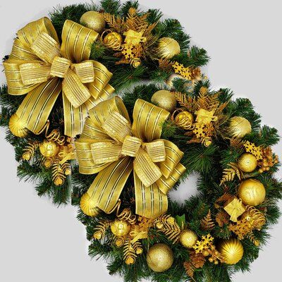 Our accent wreaths feature themed decorations including shatterproof balls, packages, and leaves nestled among mixed pine evergreens and finished with a lovely wire-edged bow. They are perfect for windows, doors, walls, gifts, and more. Pre Lit Christmas Wreaths, Large Christmas Wreath, Artificial Christmas Wreaths, Golden Christmas, Christmas Accents, Themed Decorations, Christmas Decorations Wreaths, Wreath Decoration, Xmas Wreaths