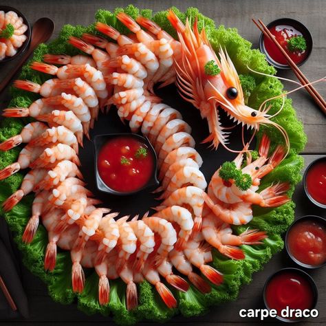 Seafood Charcuterie Board Ideas, Halloween Shrimp, Sushi Charcuterie Board, Food Carving Ideas, Dragon Food, Amazing Food Platters, Entertaining Food, Amazing Food Decoration, Amazing Food Art